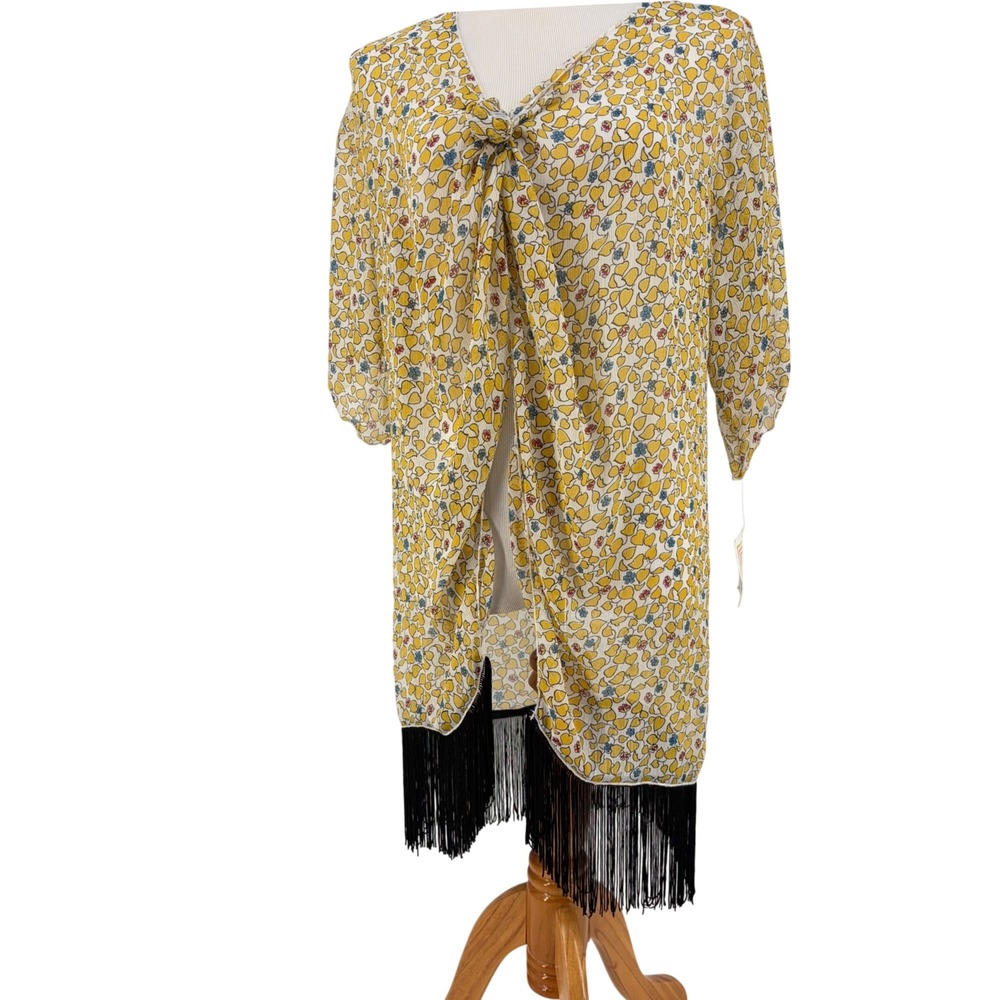 LuLaRoe Monroe Kimono Wrap Floral Heart Fringe Boho Festival Yellow Small